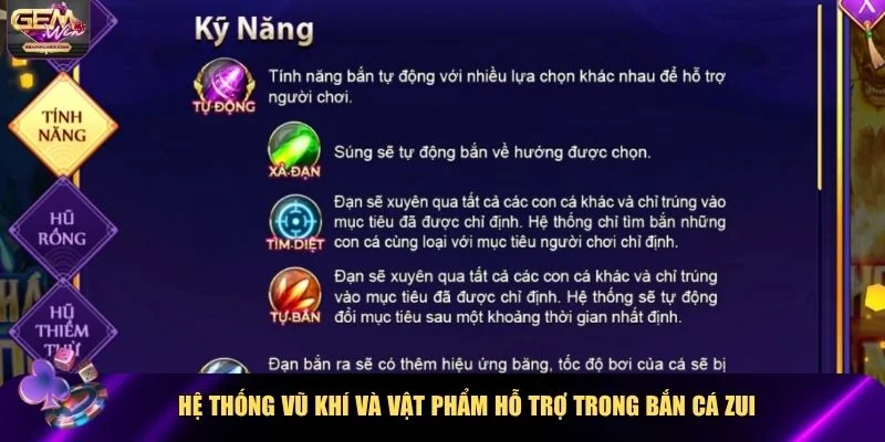 Hệ thống vũ khí và skills Bắn cá Zui Gemwin